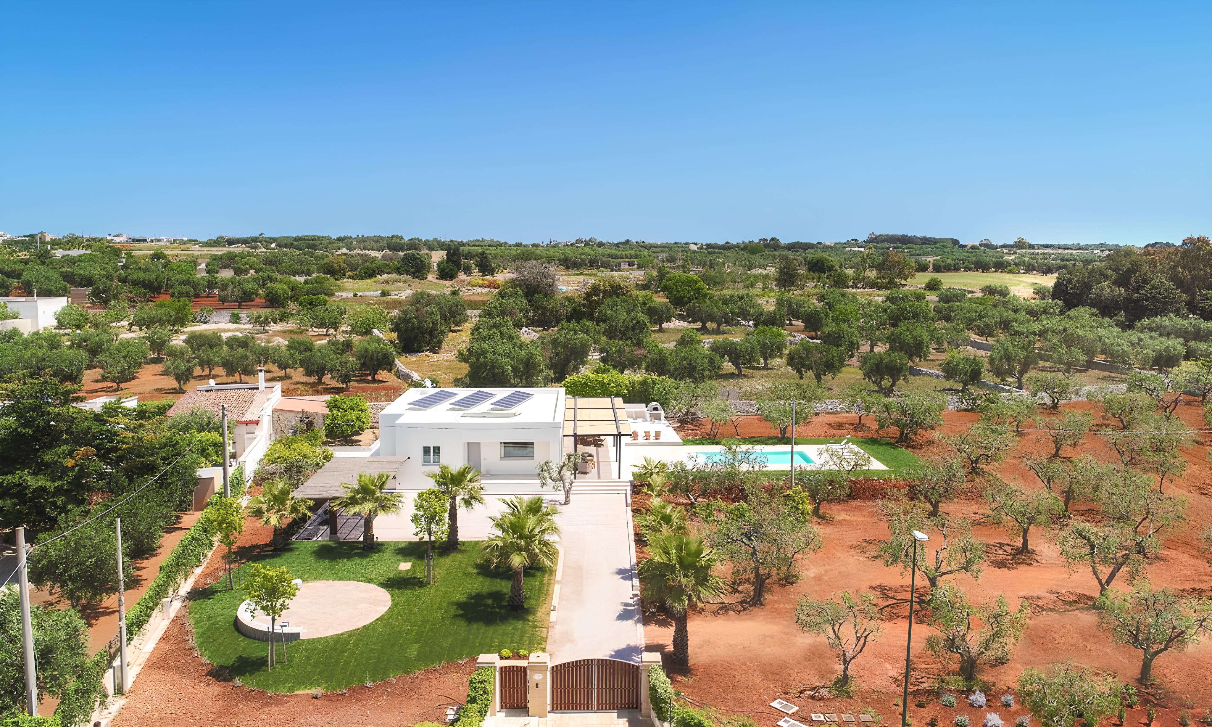 Aerial view of the villa in the Salento landscape