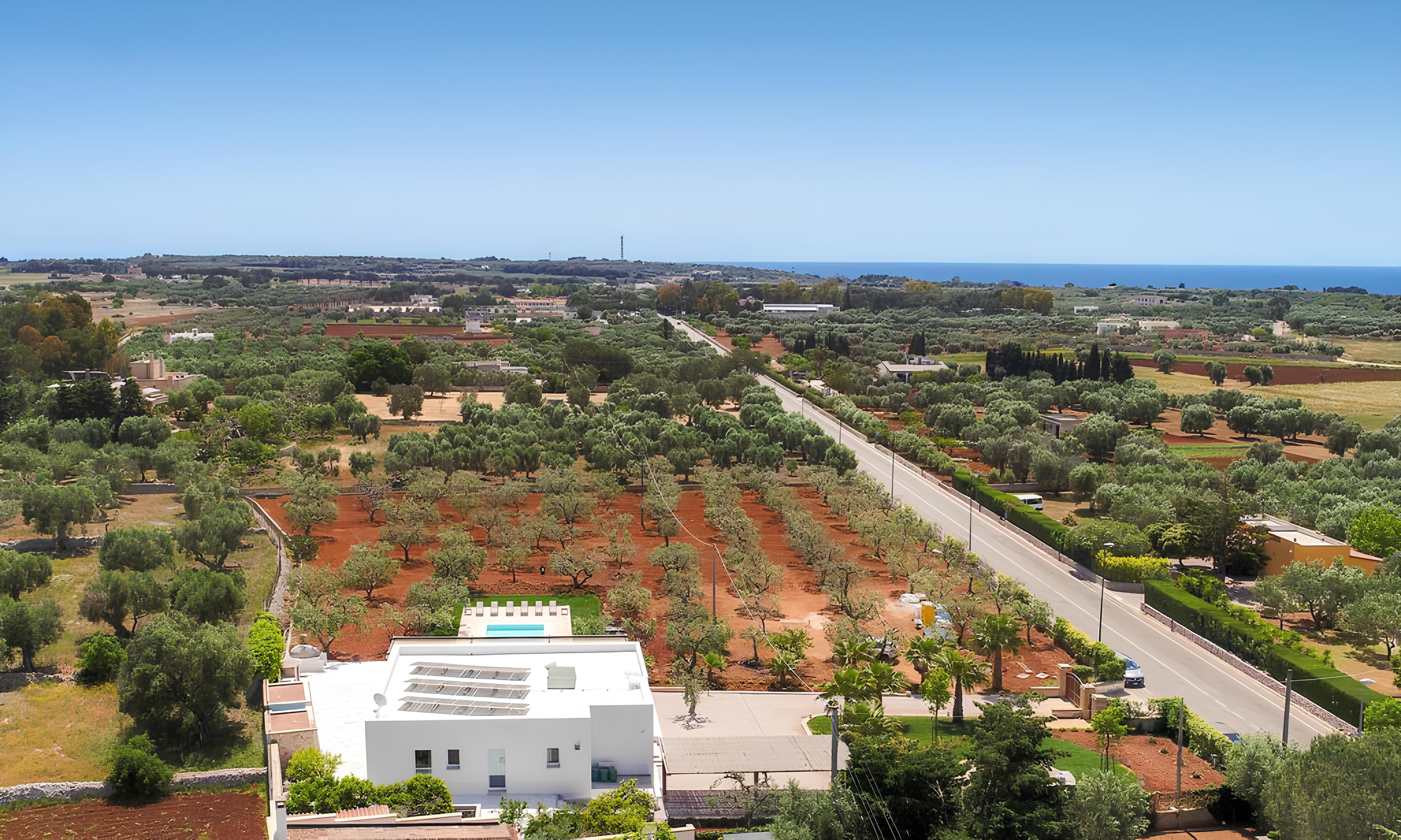 Aerial view of the villa in the Salento landscape